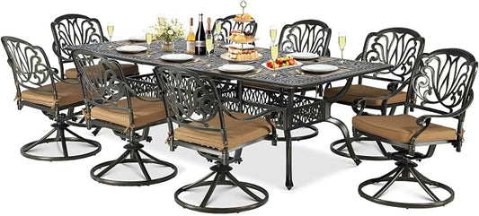 9-Piece Patio Cast Aluminum Dining Set, Outdoor Dining Furniture Set for 8 Person, Includes 94.5" Rectangular Dining Table and 8 Swivel Chairs with Umbrella Hole for Deck Garden, Tan
