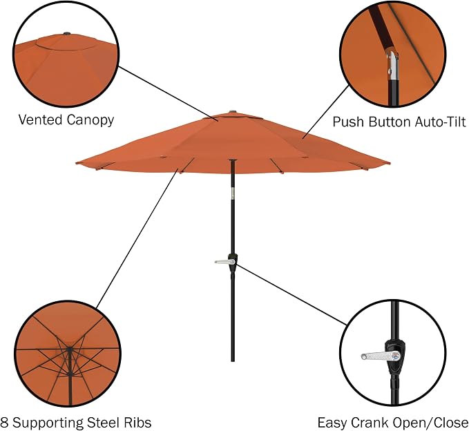 Alaterre Furniture Okemo 8 Piece Outdoor Dining Set with Umbrella - Solid Acacia Wood Outdoor Furniture Set with 63” Patio Table, 6 Patio Chairs, and 10ft Terracotta Umbrella