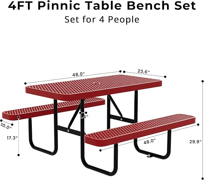 4FT Rectangular Steel Outdoor Picnic Table, Commercial Picnic Table Bench Set with Umbrella Hole, Weather-Resistant Heavy Duty School Dining Table for Stores, Park, Patio, Garden, Backyard, Red