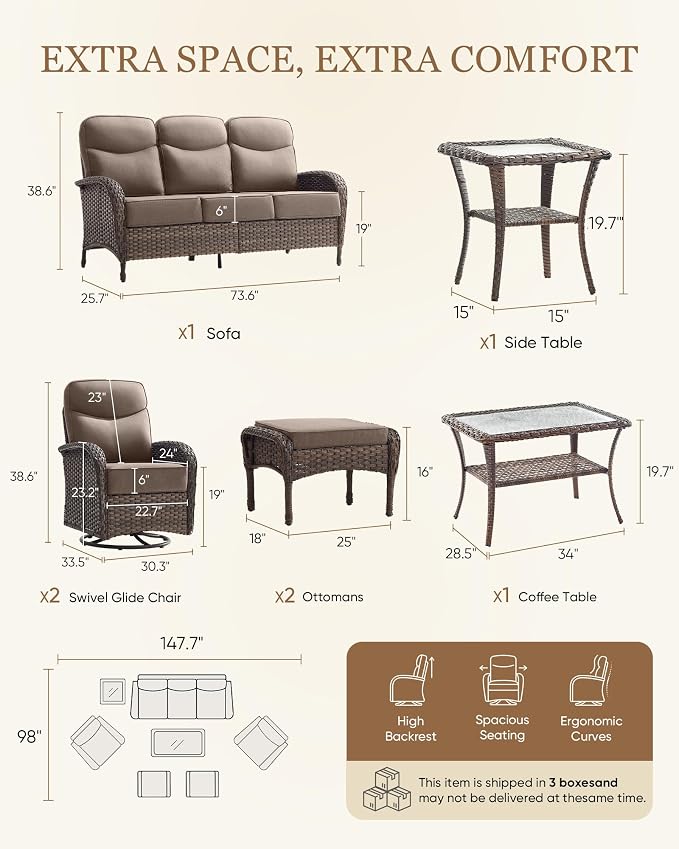 Belord Upgraded 6“ Cushion Luxury Patio Furniture Set - 7 Piece Wicker Furniture Set, Comfort Outdoor Couch and High Back Swivel Rocker Patio Chairs, Conversation Set for Deck Porch - Brown/Grey