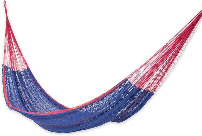 NOVICA Blue and Red Cotton Hand Woven Mayan Rope 2 Person XL Hammock, 'Puerto Vallarta' (Double)