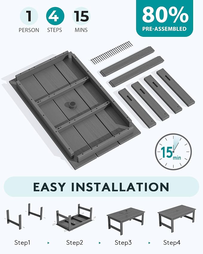 SERWALL HDPE Patio Coffee Table, Rectangle Outdoor Coffee Table, All-Weather Coffee Side Table for Balcony, Poolside, Deck, Garden, Gray