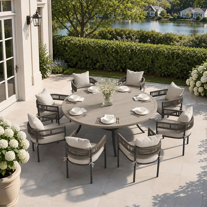 VICLLAX Patio Dining Set, 63" Grey Table & 6 Chairs with Wheat Cushion | Outdoor Table and Chairs Set of Round Metal Patio Table, Outdoor Dining Chairs with Metal Frame, Garden Deck Porch