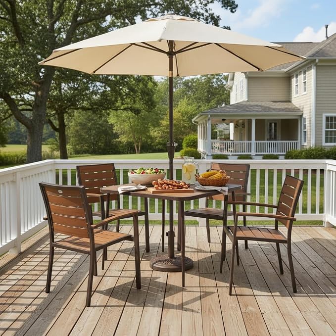 Tangkula 35-Inch Square Patio Dining Table, 4-Person Outdoor Dining Table with 2" Umbrella Hole, Wood-Plastic Tabletop & Metal Legs, Outside Table Bistro Table for Deck, Backyard, Garden, Poolside