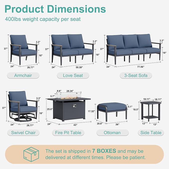 Aluminum Outdoor Patio Furniture Set with Swivel Rocking Chairs 11-Seat, Patio Sectional Sofa with Ottomans Patio Conversation Set with 55,000 BTU Fire Pit Table & High Backrest, Navy Blue
