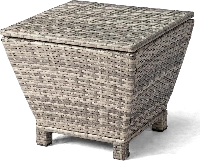 20in Outdoor PE Wicker Side Table,Trapezoidal Patio Rattan End Table,Outside Storage Bin Container,All-Weather Small Storage Box Tables,with Lid,for Garden Porch Poolside Deck Backyard (Grey)