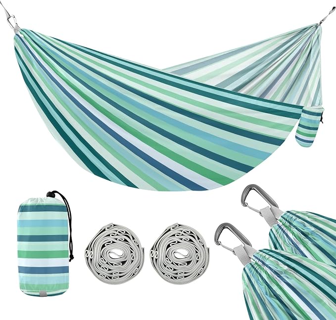 Camping Hammock Outdoor Hammocks for Outside Blue Green Stripe Beach Trees Portable Lightweight with Pockets Tree Straps Indoor