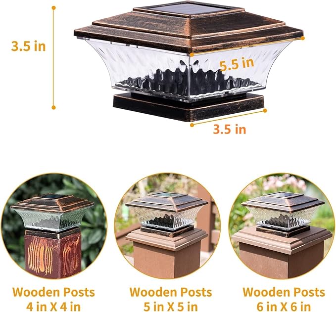 HUYIENO Solar Post Cap Lights Outdoor LED Lighting Deck Fence Cap Light Two Light Modes Warm White/Bright White Suitable for 4x4 Wooden Posts Brushed Copper 4PK