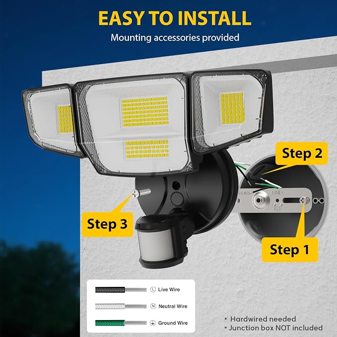 90W 10000LM LED Security Lights Motion Sensor Outdoor Lights, 4 Head Dusk to Dawn, 6500K Daylight Flood Lights Outdoor Motion Sensor, IP65 Waterproof, Motion Light for Outside, Garage, Yard, Porch
