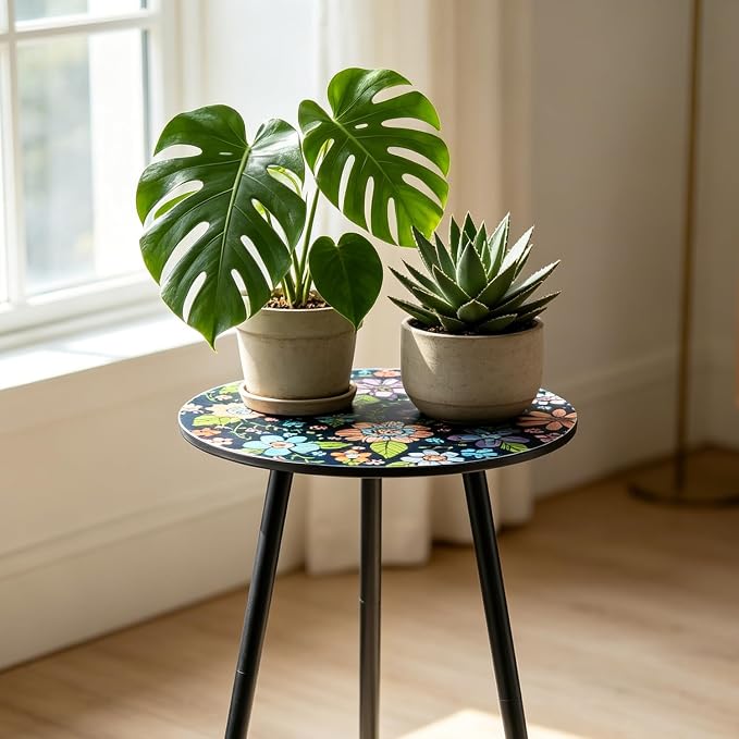Outdoor Side Table Set of 2 Patio Side Tables for Outside Black End Tables Small Outdoor Table Round Patio End Table Metal Side Table Outside, Indoor, Bedroom, Living Room, Small Spaces, Navy Floral