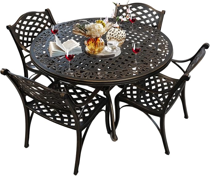 48.23" Patio Dining Table, All-Weather Cast Aluminum Table with 2.36" Umbrella Hole, Patio Furniture Table, Outdoor Dining Table for Backyard and Poolside