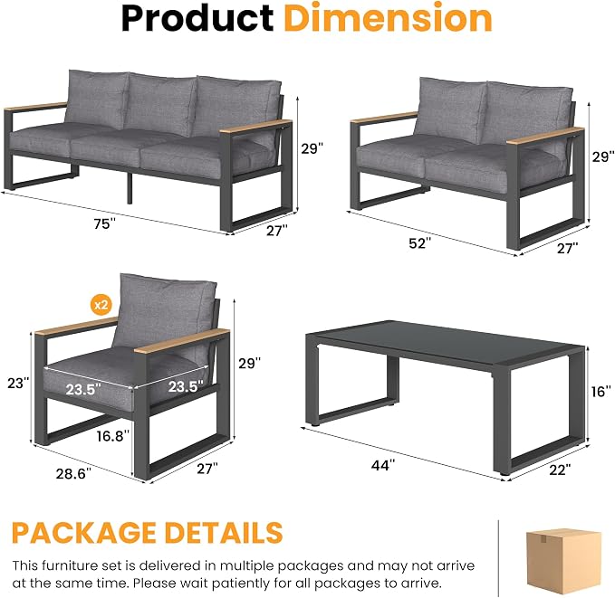 RoyalCraft 5 Piece Aluminum Patio Furniture Set, Outdoor Conversation Set with Coffee Table, Metal Outdoor Patio Furniture Set for Porch Backyard Garden, Grey