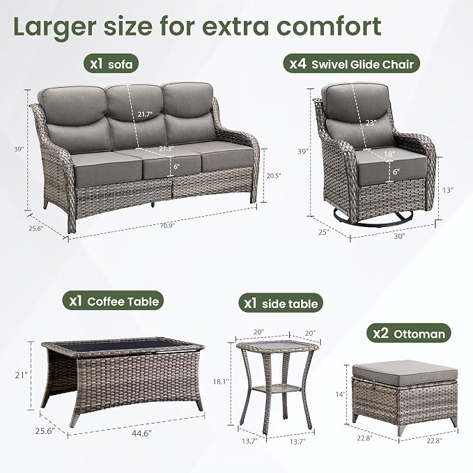 Luxury Patio Furniture Set 7pcs with 6-inch Cushion, Outdoor Furniture with Coffee Table, Swivel Chairs, Sofa, Side Table, Ottomans, Patio Set for Deck Yard and Poolside Grey Wicker | Grey Cushions