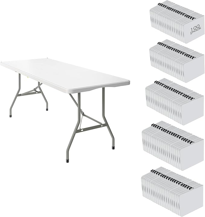 100 Pack of 6 Foot Foldable Table with Built in Handle & Steel Legs ,Heavy Duty Portable ,Perfect for Party, Dining, Wedding, Events, Picnic Indoor, Outdoor, Camping, Utility, Folding(white-100pac)