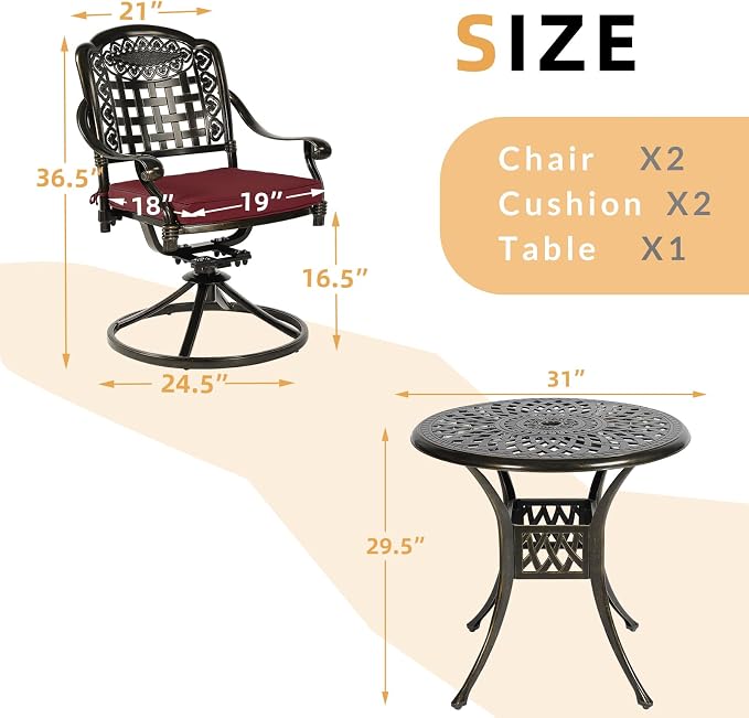 3-Piece Outdoor Patio Dining Set, All-Weather Cast Aluminum Patio Furniture Set for Backyard Garden Deck with 2 Swivel Cushioned Chairs and 31” Round Table, 2" Umbrella Hole, Chili Red