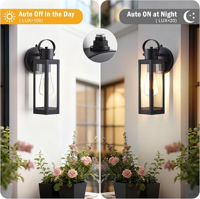 EJIAXIN Dusk to Dawn Outdoor Lighting Fixtures, 2 Pack Black Outdoor Lights | Waterproof Sconce Outside Lamp, Exterior Wall Sconce, Front Door Porch Wall Mount, Anti Rust Wall Lantern, for Garage Doorway