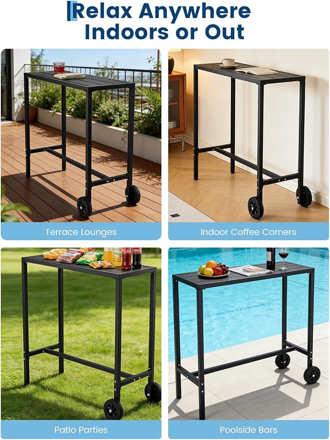 Garvee Outdoor Bar Table, 39 inch Counter Height Table with Wheels & Adjustable Leveling Feet,Bar Table for Kitchen, Home Bar, Patio, Balcony,Black
