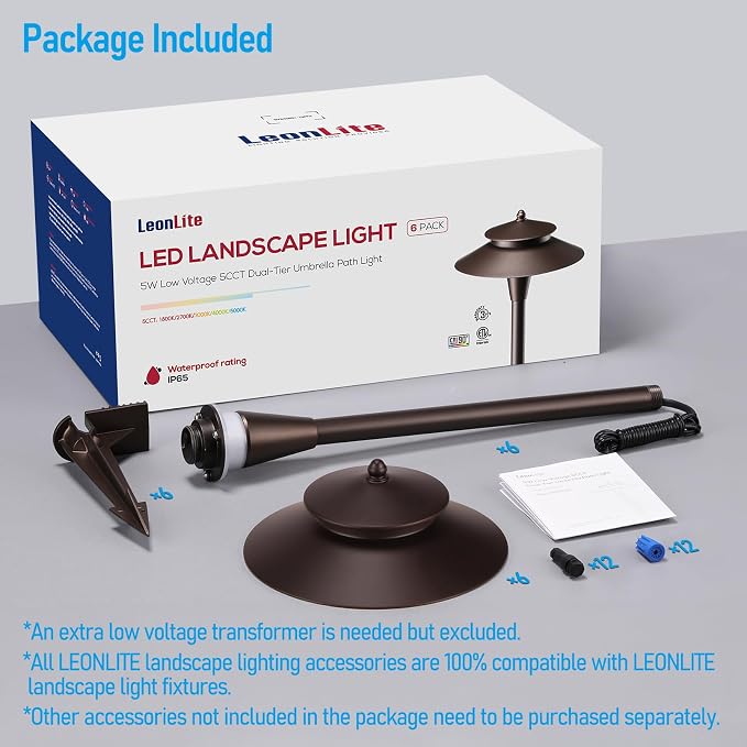 LEONLITE 6-Pack 5CCT Low Voltage LED Pathway Lights, Double Layer Head | 12-24V AC/DC, IP65, Landscape Path Lights, for Walkway Yard Garden, 1800/2700/3000/4000/5000K, Oil Rubbed Bronze, Aluminum