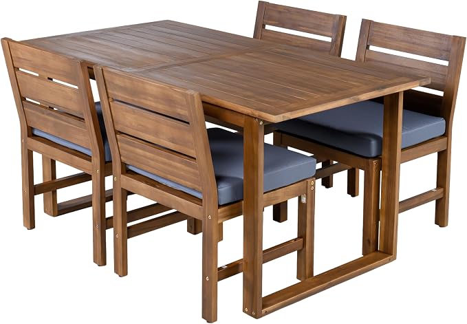 Farmhouse 5-Piece Outdoor Patio Dining Set for 4, Acacia Wood Table with Adjustable Legs, for Backyard Garden Deck (Brown,Gray 2)