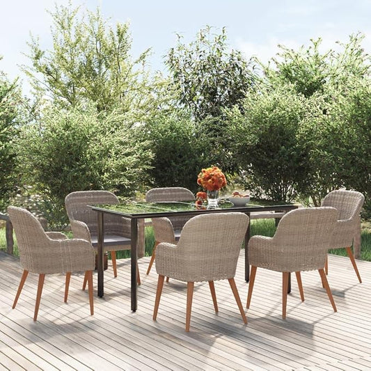 7 Piece Patio Dining Set with Cushions, Solid Acacia Wood and Tempered Glass Table, Powder-Coated Steel Frame for Outdoor Garden