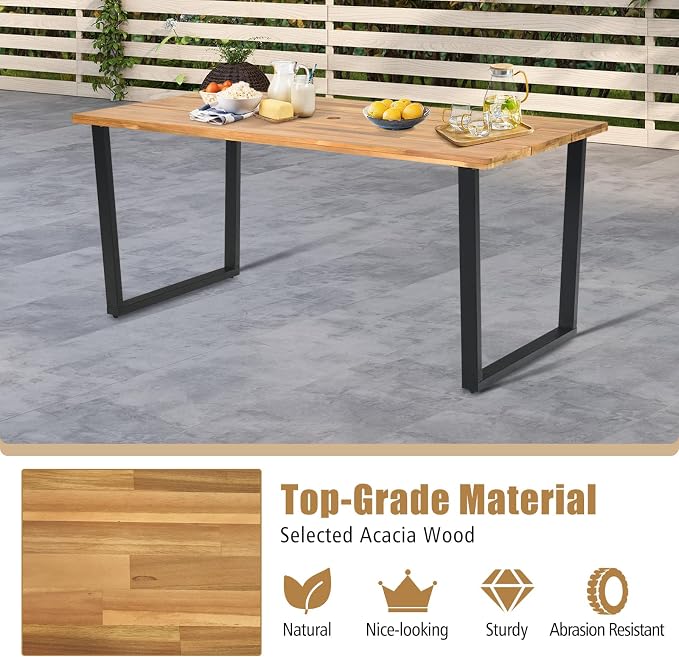 Tangkula 69-Inch Acacia Wood Patio Dining Table for 6, Rectangle Outdoor Table with 2" Umbrella Hole & Metal Legs, 6-Person Indoor Outdoor Table for Dining Room, Backyard, Garden, Lawn, Yard
