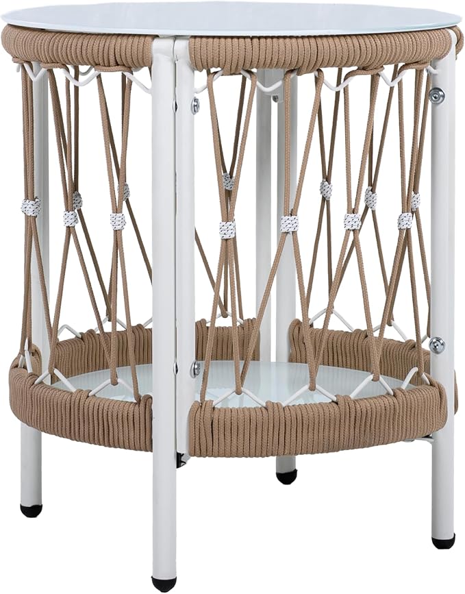 BohoChic Outdoor Side Table - Handwoven Rope & Tempered Glass Top Table with Powder-Coated Steel Frame, 20" Small Desk Size for Patio/Poolside(Beige+Natural)