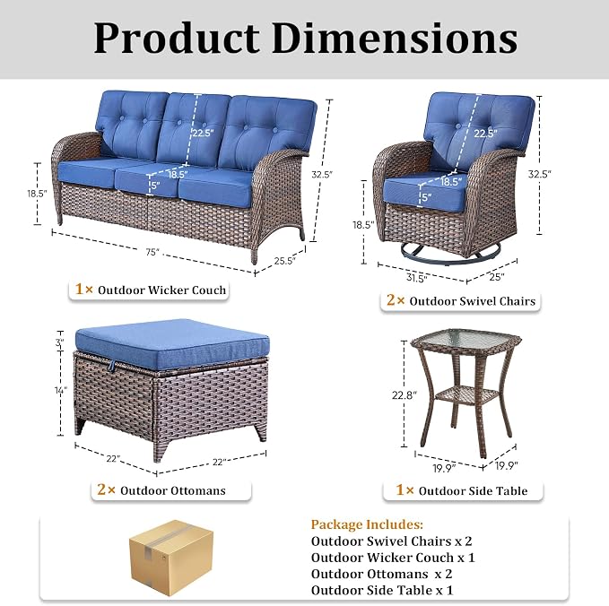 Patio Furniture Set, 6PCS Outdoor Wicker Conversation Set with Side Table, High Back Rattan Sofa & Swivel Rocker Chairs, Weather Resistant Olefin Fabric for Garden, Poolside Brown/Blue