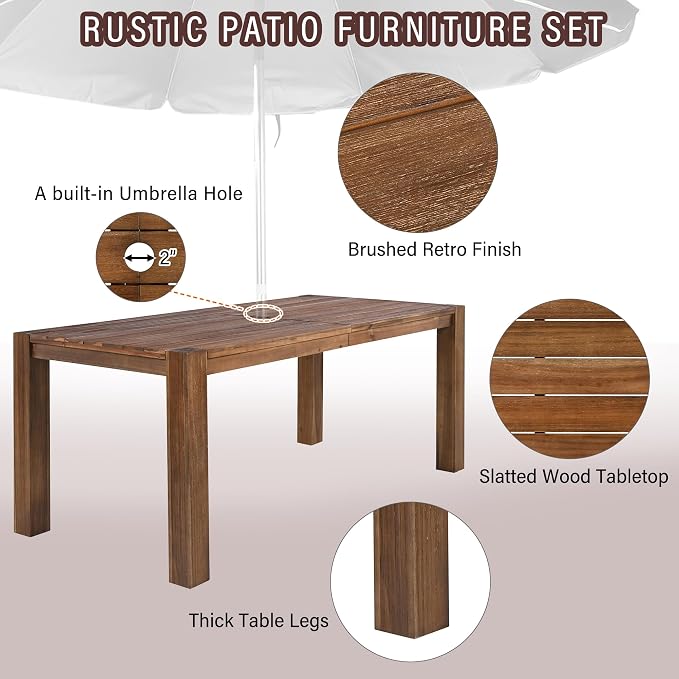 Merax Outdoor Patio Dining Table Set, 7-Piece Outdoor Dining Table Sets with Umbrella Hole Cut-Out Table and 6 Chairs with Removable Cushion, Acacia Wood Dining Sets Outdoor Furniture Set, Mocha
