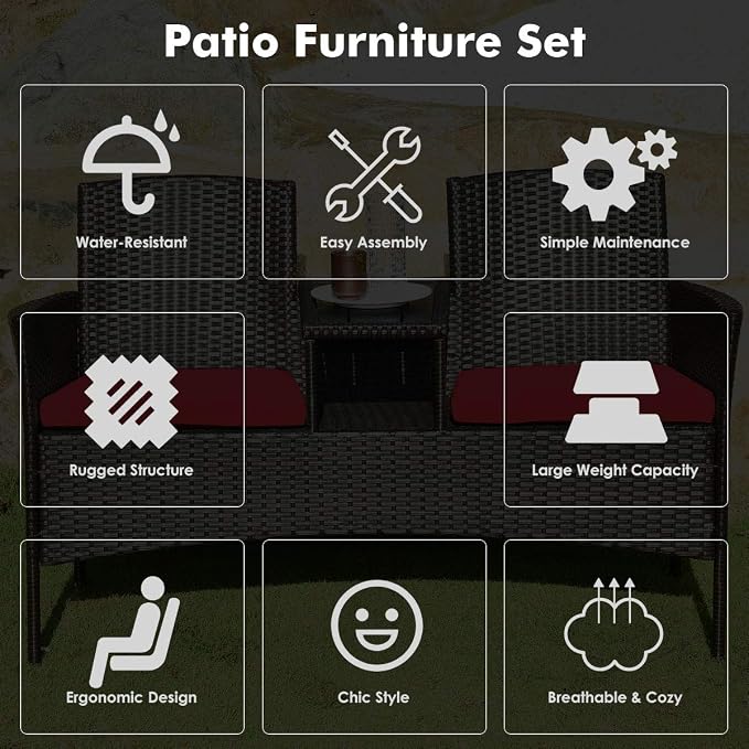 COSTWAY 2-Seat Patio Conversation Sets, Outdoor Patio Loveseat Set with Removable Cushions & Built-in Coffee Table for Backyard, Garden, Lawn, Balcony, Brown+Red