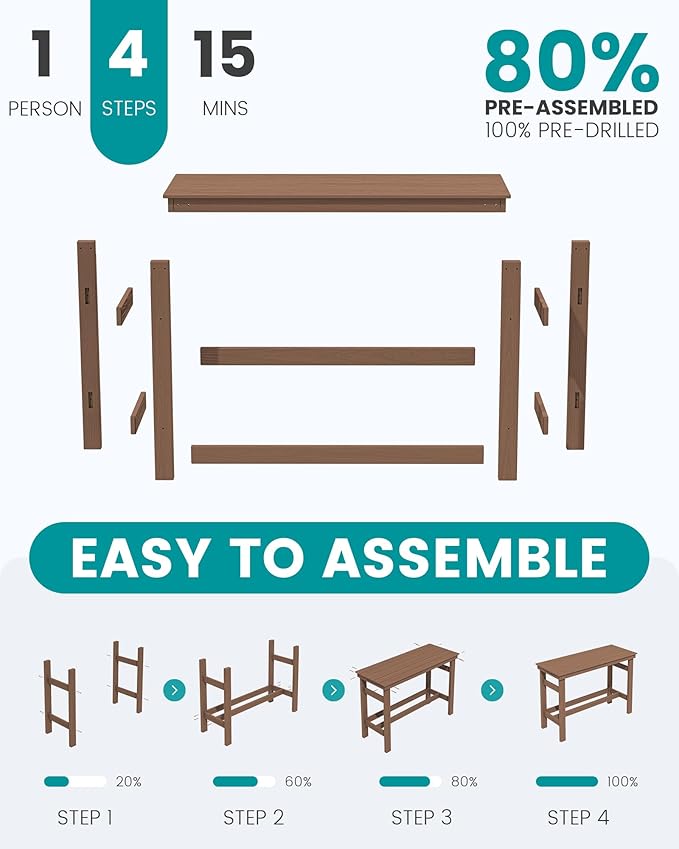 SERWALL 41" Outdoor Bar Table, All Weather HDPE Patio Bar Counter Height Table, Rectangle Patio Bar Table for Outside, Garden, Backyard, Balcony, Poolside, Brown