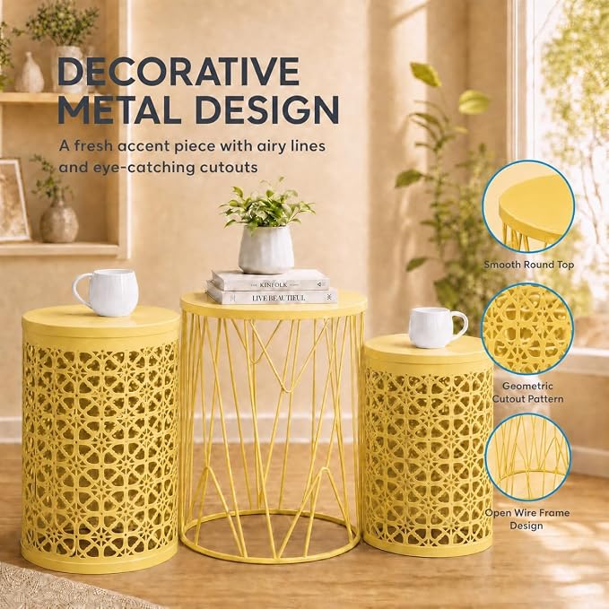 Y&M Outdoor Side Tables, Set of 3 Metal Stacking Patio Side Tables for Outside, Round Indoor End Tables, Coffee Accent Poolside Tables for Patio Garden Balcony, Yellow