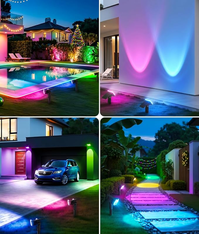 LETMY Solar Lights Outdoor Waterproof IP65, 2 Pack Solar Spot Lights Outdoor with 14 Big LEDs, 2-in-1 Wall Lights & 7 Modes Solar Landscape Spotlights for Pathway Yard Patio Decor Garden Gifts (RGB)