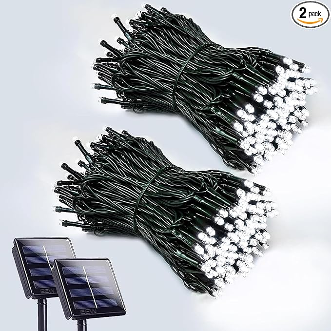Solar String Lights Outdoor 2 Pack 200 LED Solar Christmas Light Cool White | 8 Lighting Modes, Memory Function, Auto On/Off, 66FT Waterproof Twinkle Lights for Outside Wedding Holiday Party Decorations