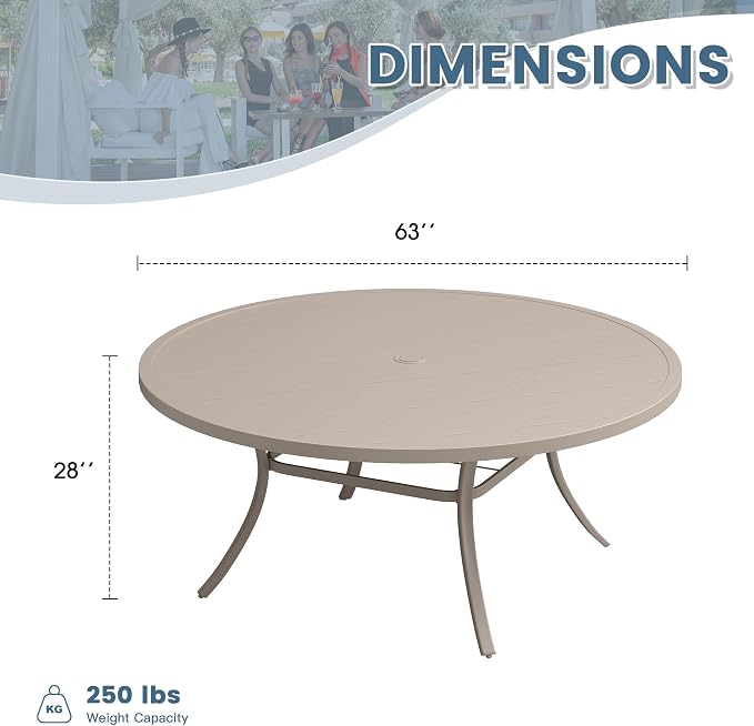 DIFY 63" Round Outdoor Patio Dining Table for 8-10, Metal Patio Table with 1.57" Adjustable Umbrella Hole, All-Weather Outdoor Furniture Table for Garden Backyard Deck, Sandshell