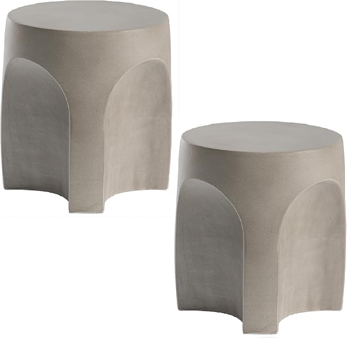 SUNBURY Outdoor Side Tables for Patio Set of 2, Concrete Accent End Table, Indoor Small Round Patio End Table, Garden Stools for Yard, Arch Shape Cement Color