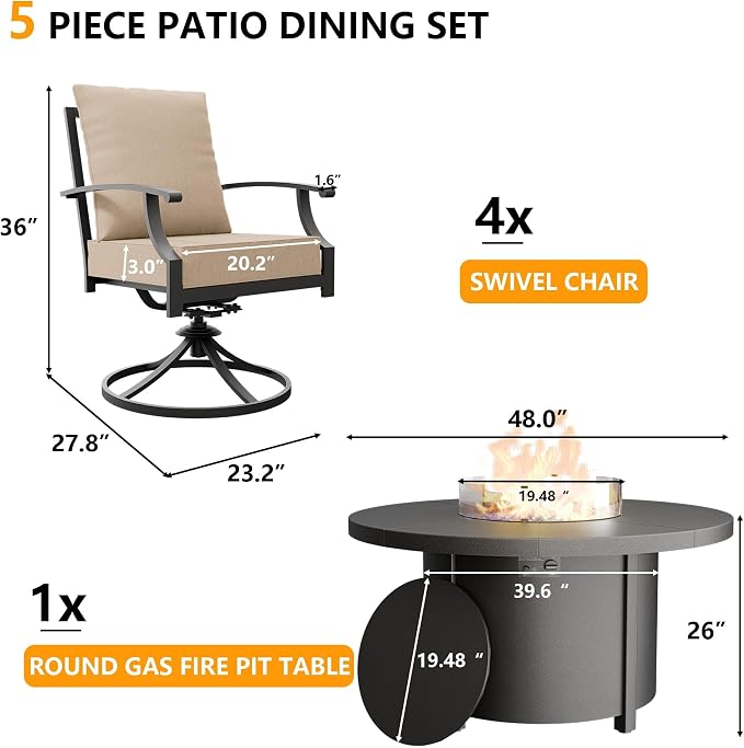 Kullavik 5 Piece Metal Outdoor Patio Furniture Set with Fire Pit Table,Outdoor Dining Table Set with 4 Swivel Chairs and 55000 BTU Outdoor Round Fire Pit,Sand