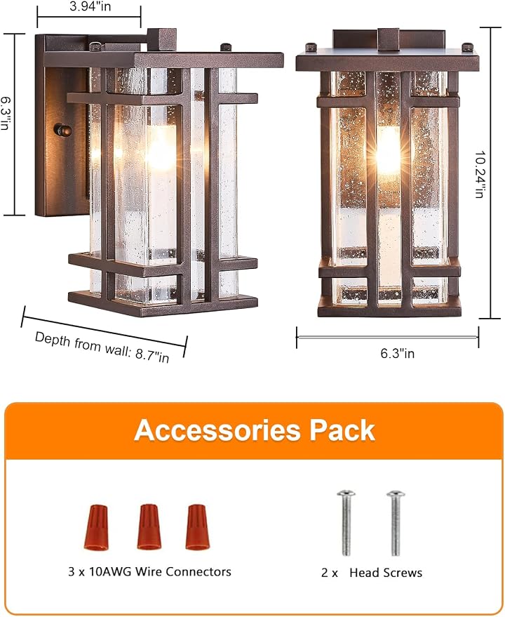 Retro Outdoor Wall Light Oil Rubbed Bronze Outside Wall Lamp with Seeded Glass Shade 10"H Exterior Light Fixtures Wall Mount IP65 Waterproof Outdoor Porch House Lighting Exterior Wall Sconces E26