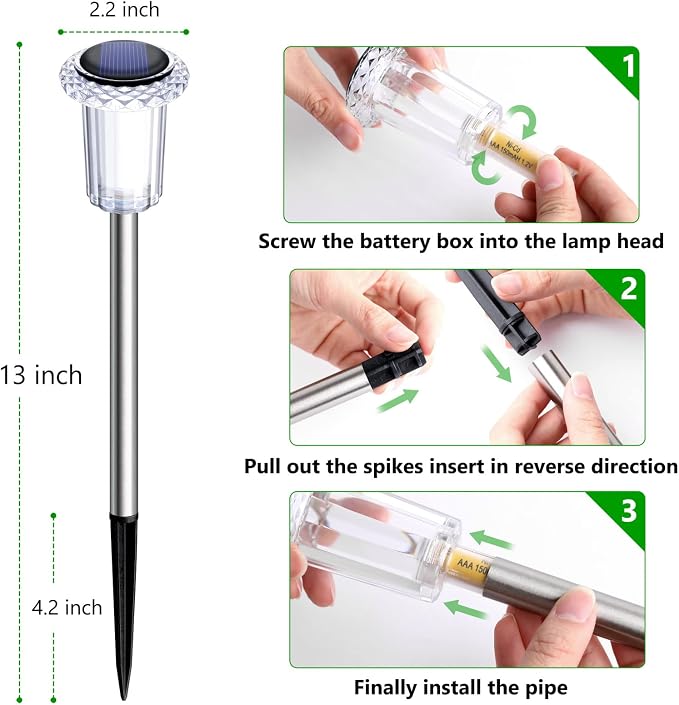 15 Pack Solar Lights Outdoor Waterproof Pathway Lights, Warm White | Stainless Steel Stake Lights for Yard Garden Walkway Driveway Sidewalk Lawn Landscape Path Outside LED Auto On/Off, Acrylic