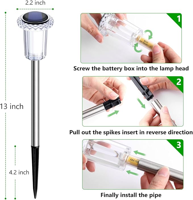 10 Pack Solar Lights Outdoor Waterproof Pathway Lights, Warm White | Stainless Steel Stake Lights for Yard Garden Walkway Driveway Sidewalk Lawn Landscape Path Outside LED Auto On/Off, Acrylic
