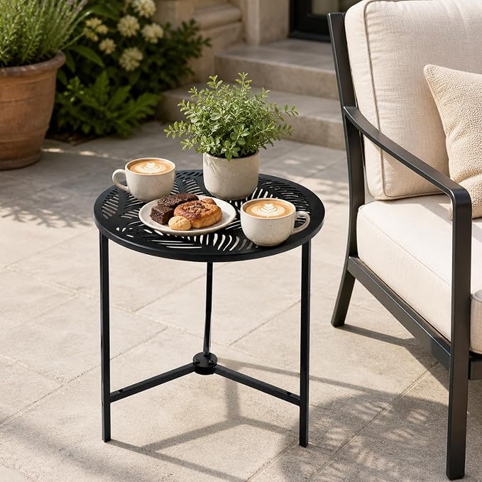 Extra-large Metal Side Table 17.7 Inches Heavy-duty Outdoor Patio Garden End Table Round Accent Corner Stand for Small Space Weather-resistant Coffee Table for Balcony Porch Plant Stand, Tropical Leaf