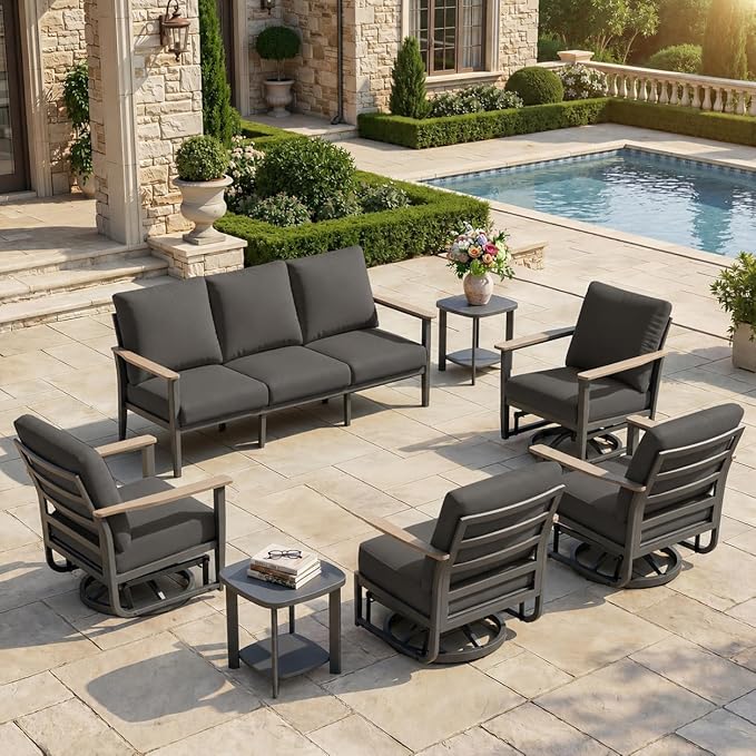Aluminum Outdoor Patio Furniture Set, 7-Piece Sectional Sofa with 5.1" Thick Cushions, 4 Swivel Rocking Chairs and 2 Side Tables, Outdoor Couch for Backyard, Deck, Black