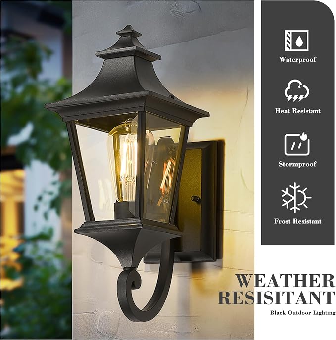 Emliviar Modern Outdoor Porch Light, 1-Light Exterior Wall Sconce with Clear Glass Shade, Black Finish, XE292UB BK