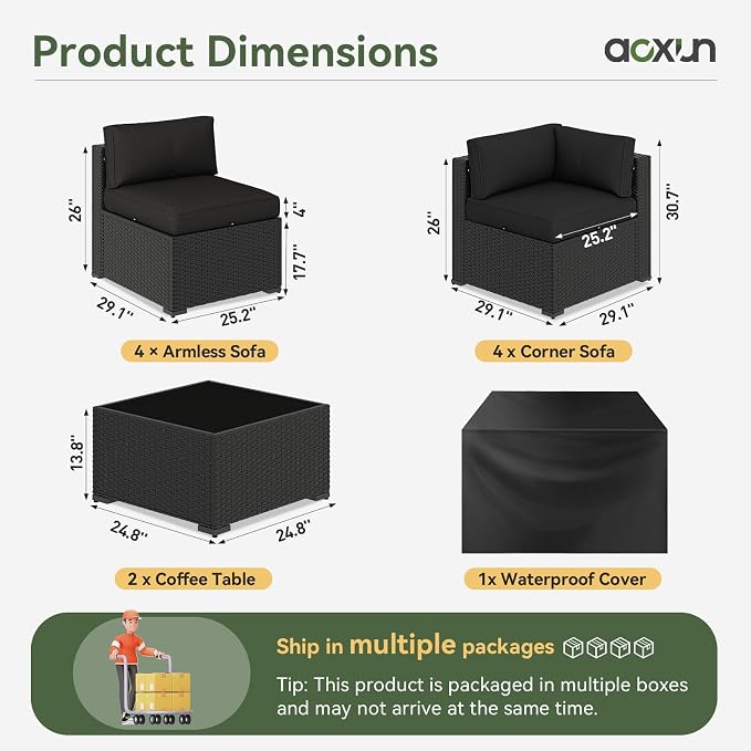 Aoxun 10 Piece Patio Furniture Set Wicker Patio Sectional Sofa Set Outdoor Seating Furniture with Thickened Cushion, Black