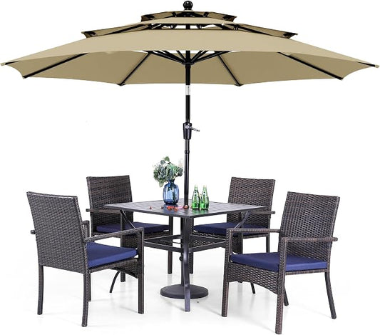 PHI VILLA 5pc Patio Dining Set with Umbrella, Square Table, Rattan Chairs | Includes 37" square metal table, 4 cushioned rattan chairs, and 10ft beige umbrella. Perfect for patio, deck, yard, or porch
