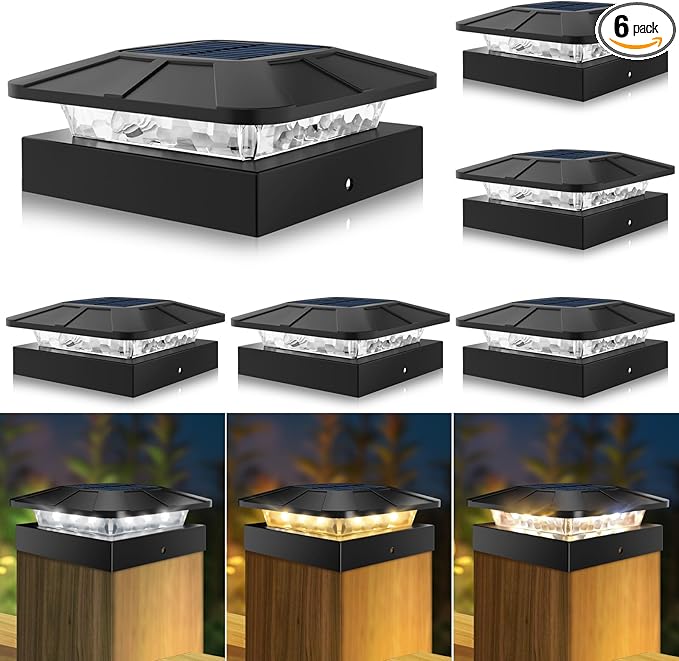 6 Packs 4x4 Post Solar Lights with 3 Modes, Waterproof LED Solar Cap Lights for 4×4/3.5×3.5 Wood/Vinyl Posts, Post Top Lighting Outdoor for Fence Deck Mailbox Porch Railing