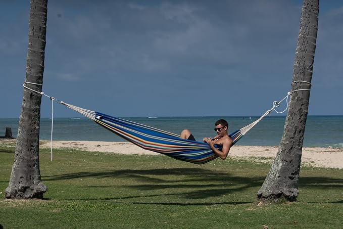 BYER OF MAINE Barbados Hammock, Authentic Brazilian, Blue Sky, Recycled Cotton/Polyester Blend, 134" L x 58" W, Holds up to 330lbs