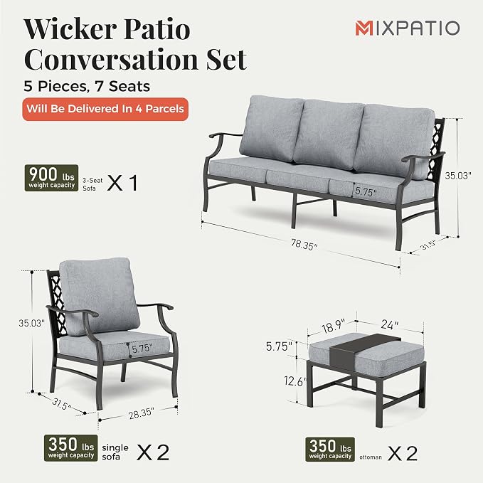 MIXPATIO Patio Furniture Set 5 pcs, Outdoor Patio Furniture, 3-Seat Sofa, 2 Single Chairs, 2 Ottomans and 5.75" Extra Thick Cushion, Patio Conversation Set for Garden Backyard Deck,Grey
