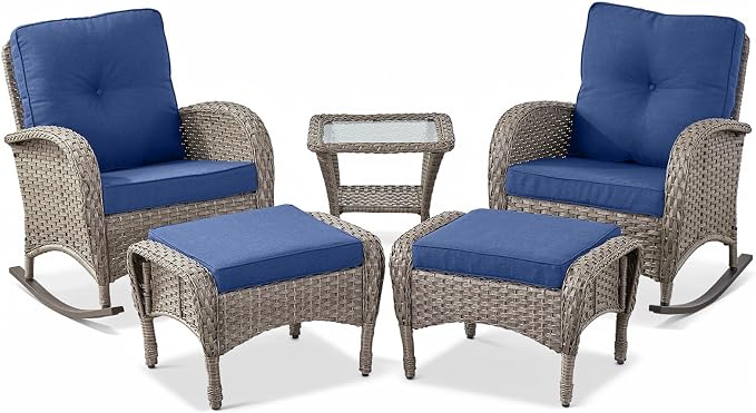 Belord 5 Piece Patio Rocking Chairs Furniture Set - Outdoor Wicker Furniture with Ottomans and Side Table, Rattan Conversation Bistro Set for Porch Deck Balcony