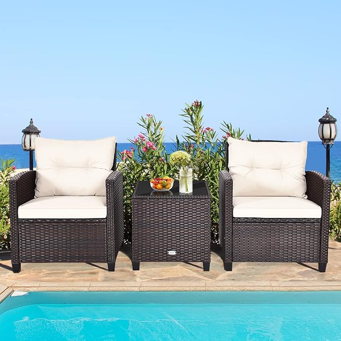 Modern Beige 3-Piece Wicker Patio Furniture Set with Water-Resistant Cushions & Tempered Glass Table