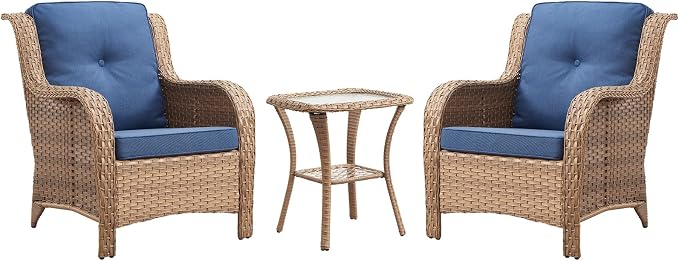 Rilyson Patio Bistro Set Outdoor Chairs - 3 Piece Wicker Rattan Patio Furniture Set with 2 Armrest Chair and 1 Side Table for Proch Deck Garden Backyard Balcony(Yellow/Blue)